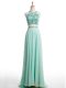 High Quality Chiffon Halter Top Sleeveless Brush Train Backless Beading Prom Dress in Apple Green