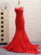 Exceptional Satin Sweetheart Sleeveless Brush Train Zipper Ruching Prom Gown in Red