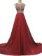 Cheap Burgundy Chiffon Backless Scoop Sleeveless Prom Evening Gown Brush Train Beading
