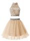 Captivating High-neck Sleeveless Dama Dress for Quinceanera Knee Length Beading Champagne Organza