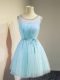 Aqua Blue Tulle Lace Up Vestidos de Damas Sleeveless Knee Length Belt