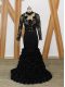 Elegant Black High-neck Backless Beading and Lace and Appliques and Hand Made Flower Prom Evening Gown Brush Train Long Sleeves