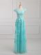 Aqua Blue Lace Up Homecoming Dress Beading and Lace and Appliques Short Sleeves Floor Length