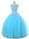 Floor Length Aqua Blue Ball Gown Prom Dress Tulle Sleeveless Appliques