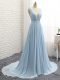 Sleeveless Chiffon Brush Train Backless Dress for Prom in Light Blue with Ruching and Belt