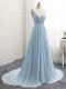 Sleeveless Chiffon Brush Train Backless Dress for Prom in Light Blue with Ruching and Belt Sleeveless Chiffon Brush Train Backless Dress for Prom in Light Blue with Ruching and Belt