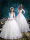 White Ball Gowns Tulle V-neck 3 4 Length Sleeve Lace Floor Length Lace Up Flower Girl Dress