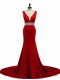 Wine Red Elastic Woven Satin Zipper Dress for Prom Sleeveless Brush Train Beading