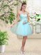 Aqua Blue A-line Tulle Sweetheart Sleeveless Lace and Belt Knee Length Lace Up Quinceanera Court of Honor Dress