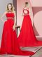 Red Scoop Backless Beading Prom Dress Brush Train Sleeveless