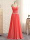 Artistic Floor Length Criss Cross Prom Evening Gown Watermelon Red for Prom and Party and Wedding Party with Beading and Ruching