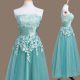 Strapless Sleeveless Quinceanera Dama Dress Tea Length Appliques Light Blue Tulle