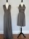Nice Grey Empire V-neck Sleeveless Chiffon Floor Length Lace Up Ruching Dama Dress
