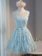 Mini Length Light Blue Prom Evening Gown Tulle Sleeveless Lace and Appliques