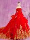 Dramatic Off The Shoulder Sleeveless Court Train Lace Up Sweet 16 Dress Red Tulle