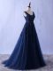 Edgy Straps Sleeveless Prom Evening Gown Floor Length Appliques Navy Blue Tulle