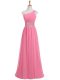Rose Pink Empire Chiffon One Shoulder Sleeveless Beading and Ruching Floor Length Backless Prom Party Dress