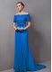 Blue Prom Evening Gown Chiffon Sweep Train Short Sleeves Lace
