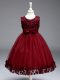 Sleeveless Tulle Tea Length Zipper Little Girls Pageant Dress Wholesale in Burgundy with Appliques and Bowknot