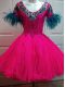 Ideal Mini Length Fuchsia Prom Dress Organza Short Sleeves Beading and Sequins