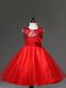 Knee Length Red Kids Formal Wear Tulle Sleeveless Sequins and Hand Made Flower