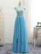 Affordable Baby Blue Halter Top Neckline Lace Prom Gown Sleeveless Backless