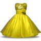 Elegant Yellow Organza and Sequined Zipper Scoop Sleeveless Knee Length Flower Girl Dresses for Less Bowknot and Belt and Hand Made Flower