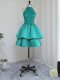 Turquoise Satin Zipper High-neck Sleeveless Mini Length Homecoming Dress Lace and Appliques