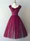 Elegant V-neck Cap Sleeves Lace Up Quinceanera Court Dresses Burgundy Chiffon