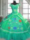 Green Taffeta Lace Up 15th Birthday Dress Short Sleeves Floor Length Beading and Embroidery