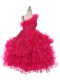 Hot Pink Asymmetric Neckline Lace and Ruffles and Ruffled Layers Kids Formal Wear Sleeveless Lace Up