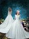 Top Selling White 3 4 Length Sleeve Court Train Lace and Bowknot Flower Girl Dress