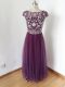 Eggplant Purple Zipper Evening Dress Beading Short Sleeves