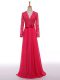 Dynamic Hot Pink Zipper Evening Dress Lace and Appliques and Belt Long Sleeves Floor Length