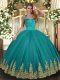 Turquoise Sleeveless Floor Length Appliques Lace Up Ball Gown Prom Dress