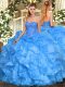 Pretty Floor Length Lace Up Quinceanera Gowns Baby Blue for Military Ball and Sweet 16 and Quinceanera with Beading and Ruffles