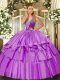 Dynamic Straps Sleeveless 15th Birthday Dress Floor Length Beading and Ruffled Layers Lilac Organza and Taffeta