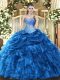 Artistic Blue Lace Up Sweetheart Beading and Ruffles and Pick Ups Quinceanera Gown Organza Sleeveless