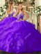 Perfect Tulle Straps Sleeveless Lace Up Beading and Ruffles 15th Birthday Dress in Purple