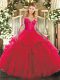 Fitting Red Long Sleeves Floor Length Lace and Ruffles Lace Up Quinceanera Gowns