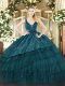 Deluxe Sleeveless Floor Length Beading and Embroidery and Ruffled Layers Zipper 15th Birthday Dress with Teal