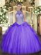 Glittering Lavender Sleeveless Beading and Ruffles Floor Length Ball Gown Prom Dress
