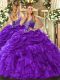 Beauteous Sleeveless Organza Floor Length Lace Up Sweet 16 Dress in Purple with Beading and Ruffles and Pick Ups