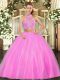 Custom Design Halter Top Sleeveless Criss Cross Sweet 16 Dress Hot Pink Tulle