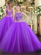 Vintage Floor Length Eggplant Purple 15th Birthday Dress Tulle Sleeveless Beading