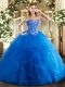 Royal Blue Tulle Lace Up Sweet 16 Dress Sleeveless Floor Length Embroidery and Ruffles