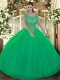 Green Tulle Backless Quinceanera Gown Sleeveless Floor Length Beading