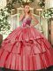 Enchanting Organza and Taffeta Straps Sleeveless Lace Up Beading and Ruffled Layers Sweet 16 Quinceanera Dress in Coral Red