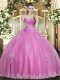 Spectacular Sweetheart Sleeveless Quinceanera Dress Floor Length Beading and Appliques Rose Pink Tulle