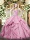 Cute Pink Tulle Lace Up Quinceanera Dress Sleeveless Floor Length Beading and Ruffles